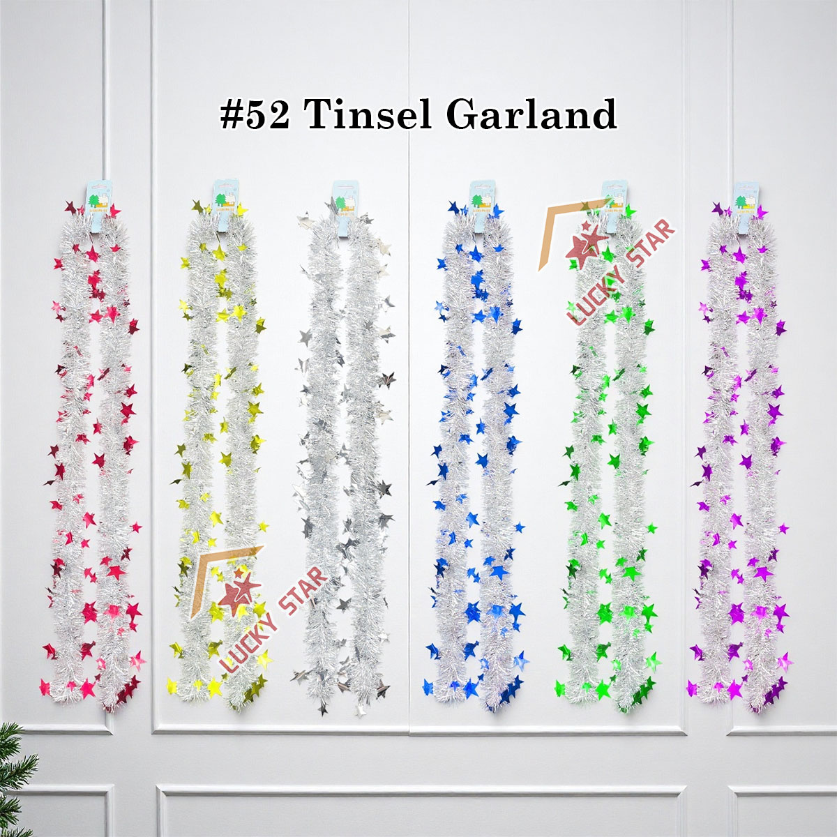 #52 Tinsel Garland Glossy Silver Tinsel With Star Design Accent ...