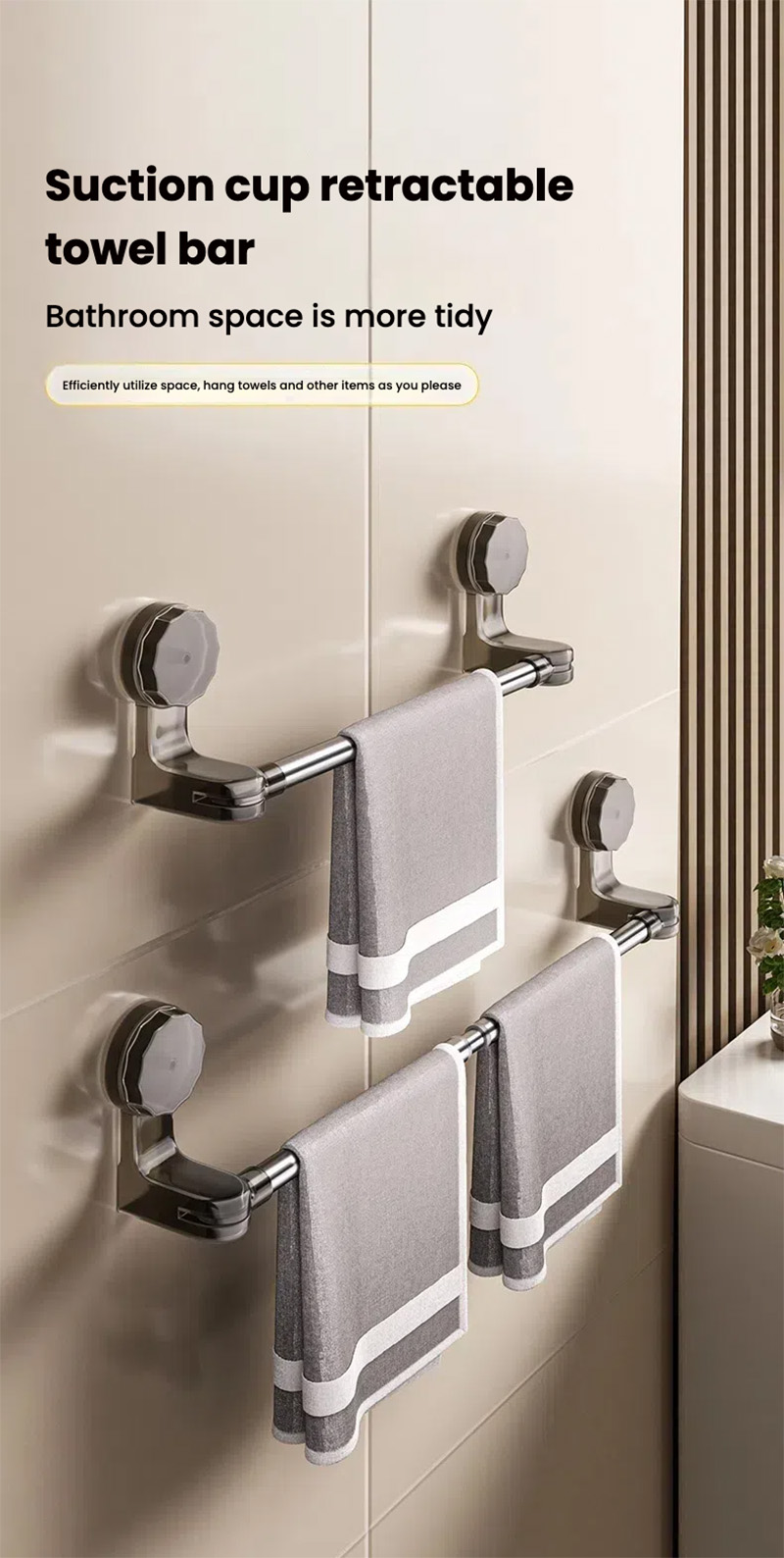 Adjustable Wall-Mounted Suction Towel Rack – Extendable, No-Drill ...
