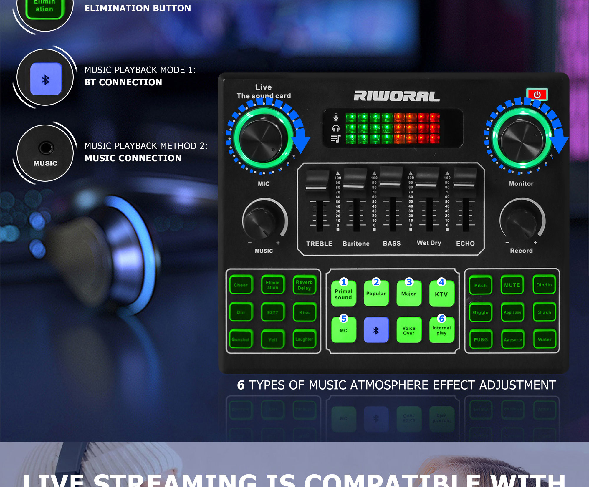 Riworal V9 Sound Card Audio Interface USB Live Broadcast Microphone ...