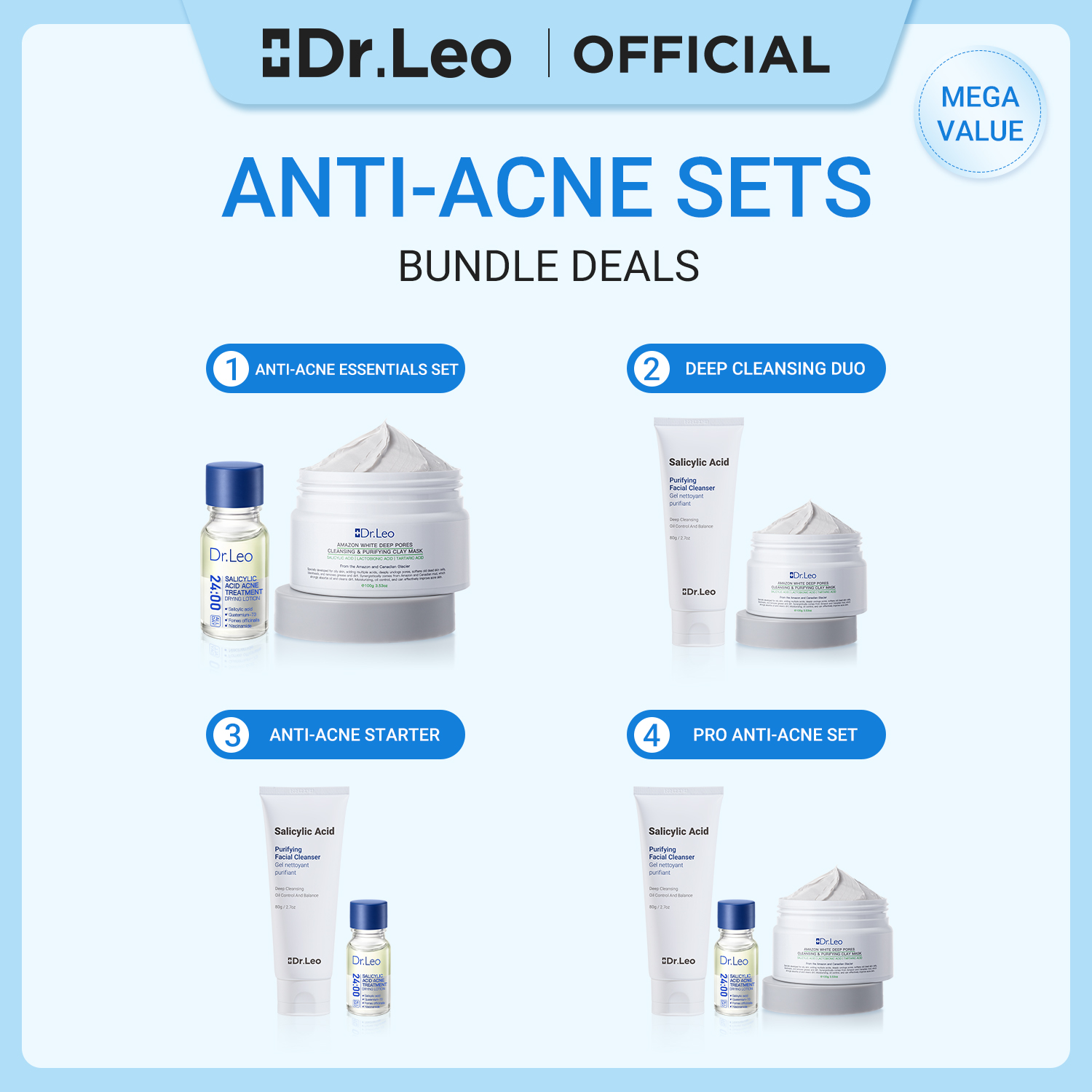 Dr.Leo ANTI-ACNE 2pcs & 3pcs Set Facial Cleanser + 3X Clay Mask + Acne ...