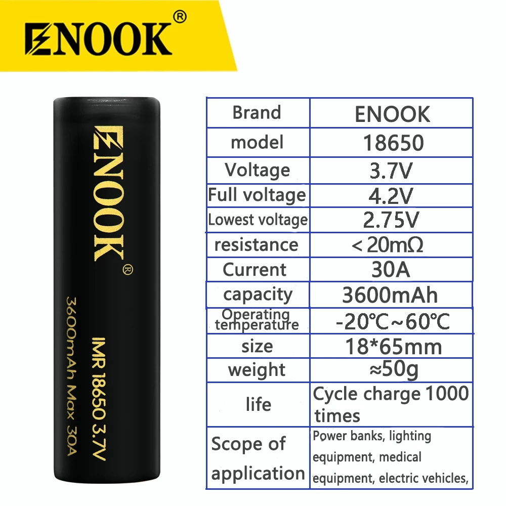 ENOOK 2PCS Rechargeable Battery 18650 3600mAh 3.7V Li-ion Flat 30A ...