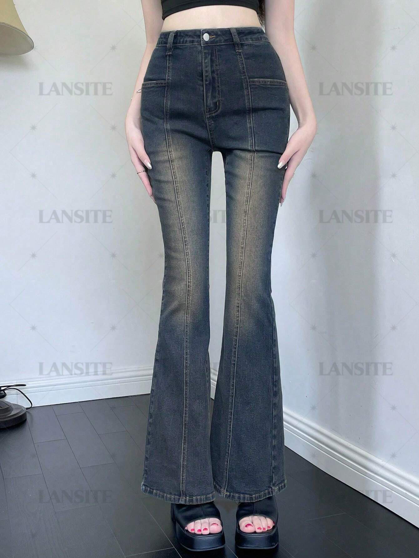 Lansite Washed Flare Leg Jeans,Ladies Button,Pocket Natural Flare Leg ...