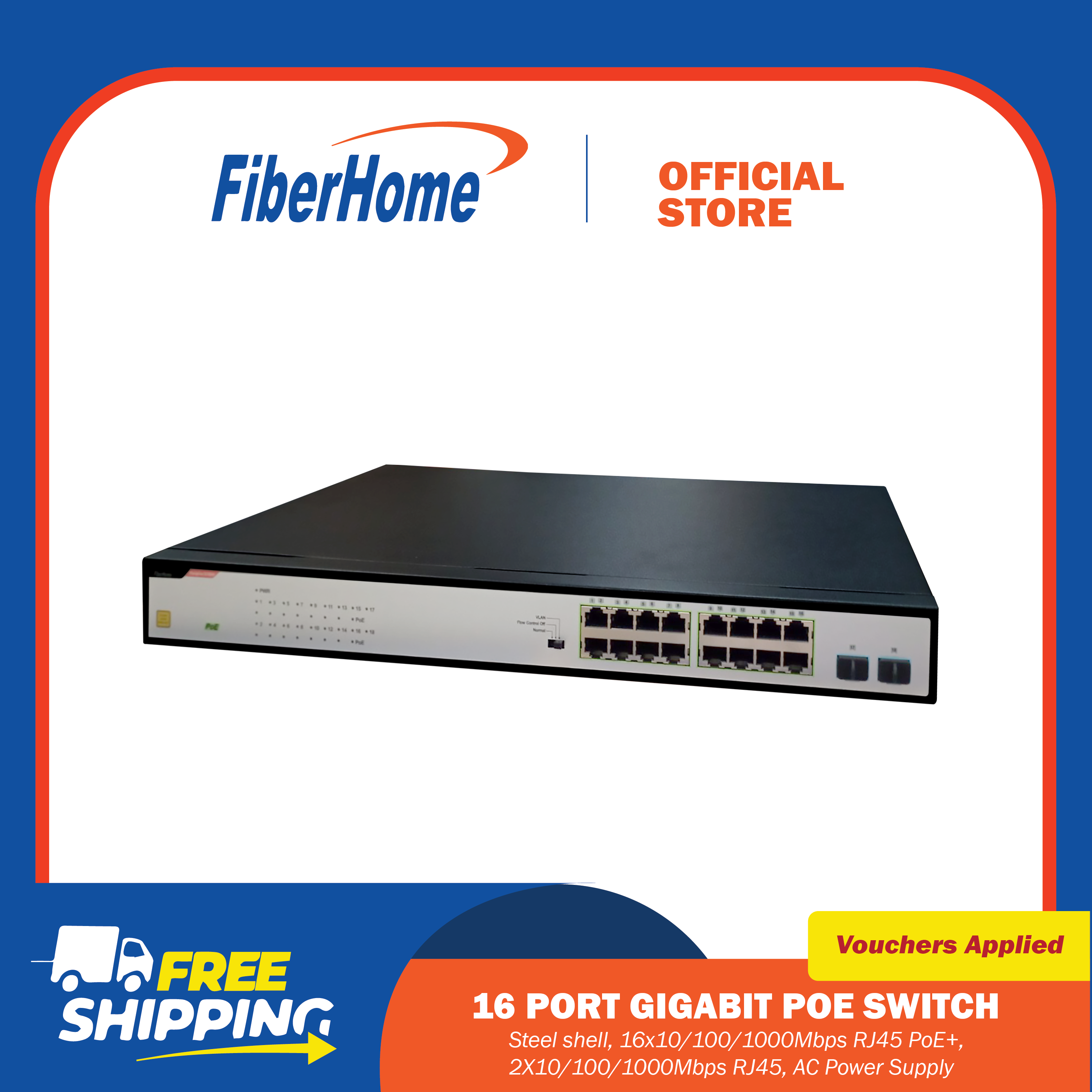 FIBERHOME S1800-16G2F-P 16-PORT POE+ GIGABIT SWITCH Steel case, 16× ...