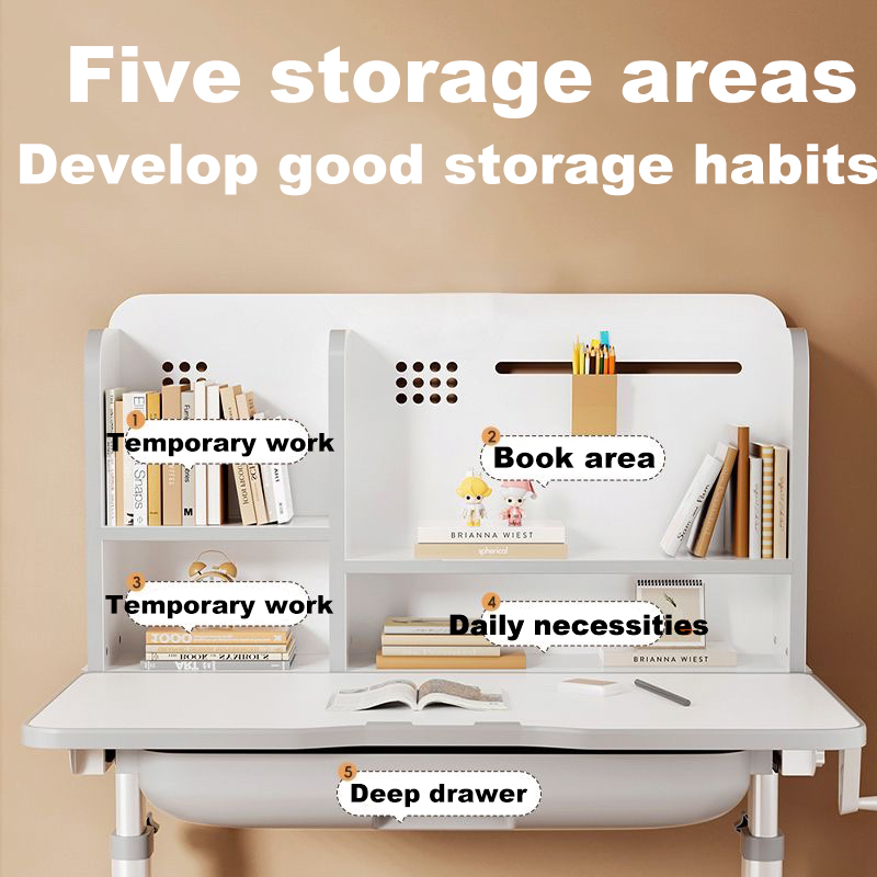 【Multifunction】Study Table For Kids Manual Height Adjustment bookshelf ...