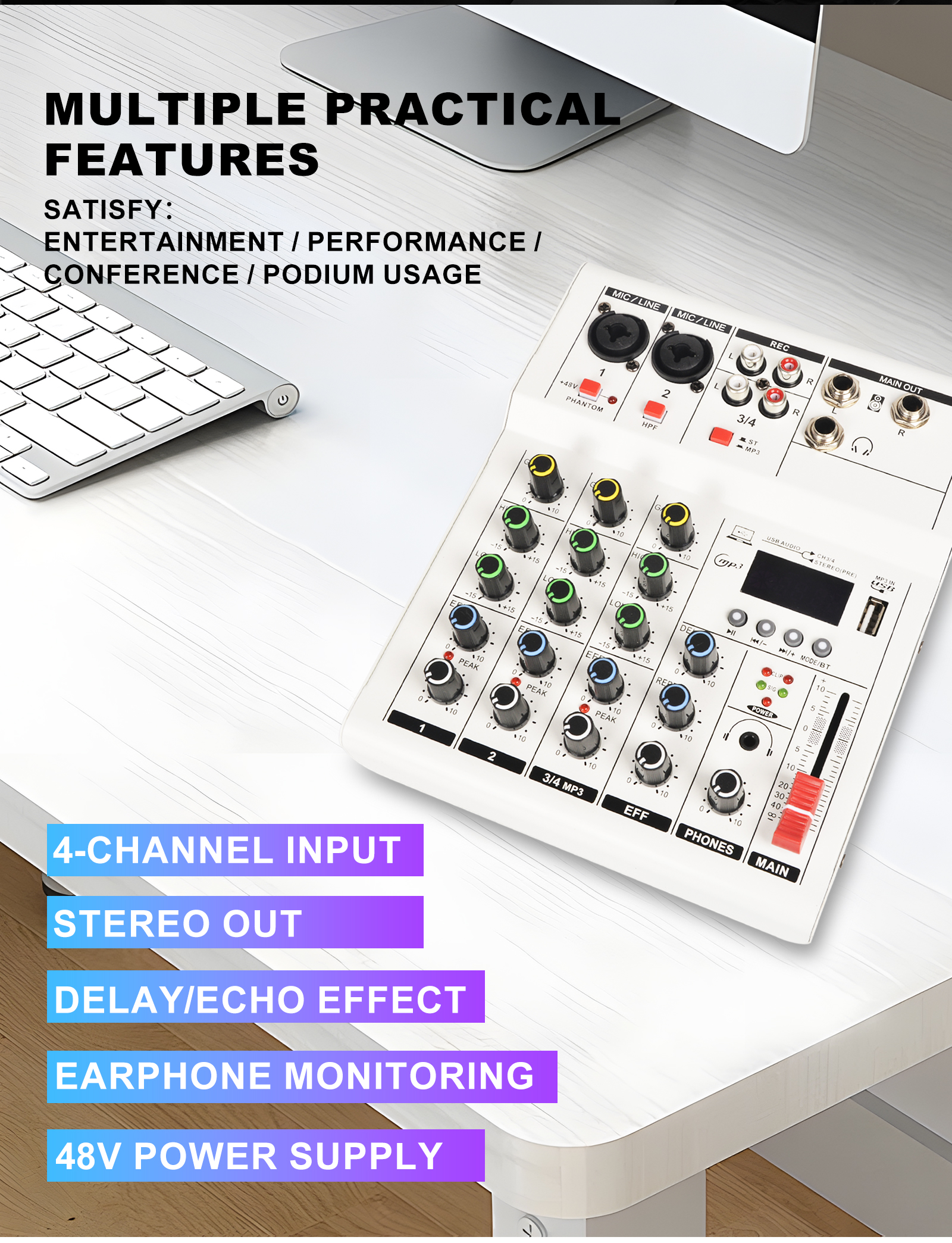 4 Channel Audio Mixer 48V Phantom Power Monitor Path Portable Mini ...