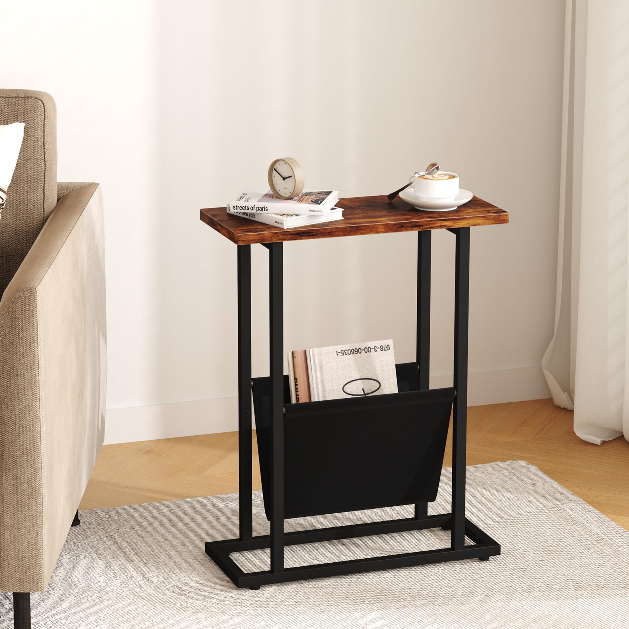 Narrow side table with basket stable thicken wooden end table small ...