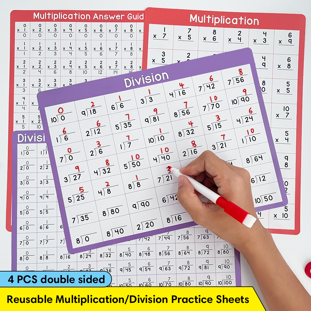 4Pcs Multiplication Division 0-10 Math Learning Chart for Kids ...