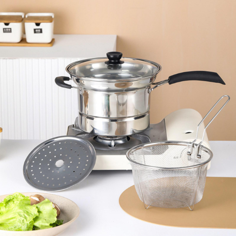 22cm/4.5L Stainless Steel Deep Fryer with Frying Basket and Steaming ...