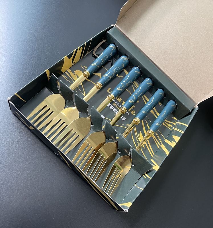6Pcs dark green gold spoon gift box set stainless steel spoon stainless ...