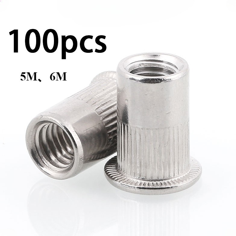 100pcs M5/M6 Stainless Steel Rivet Nut Flat Head Rivets Screw Threaded ...