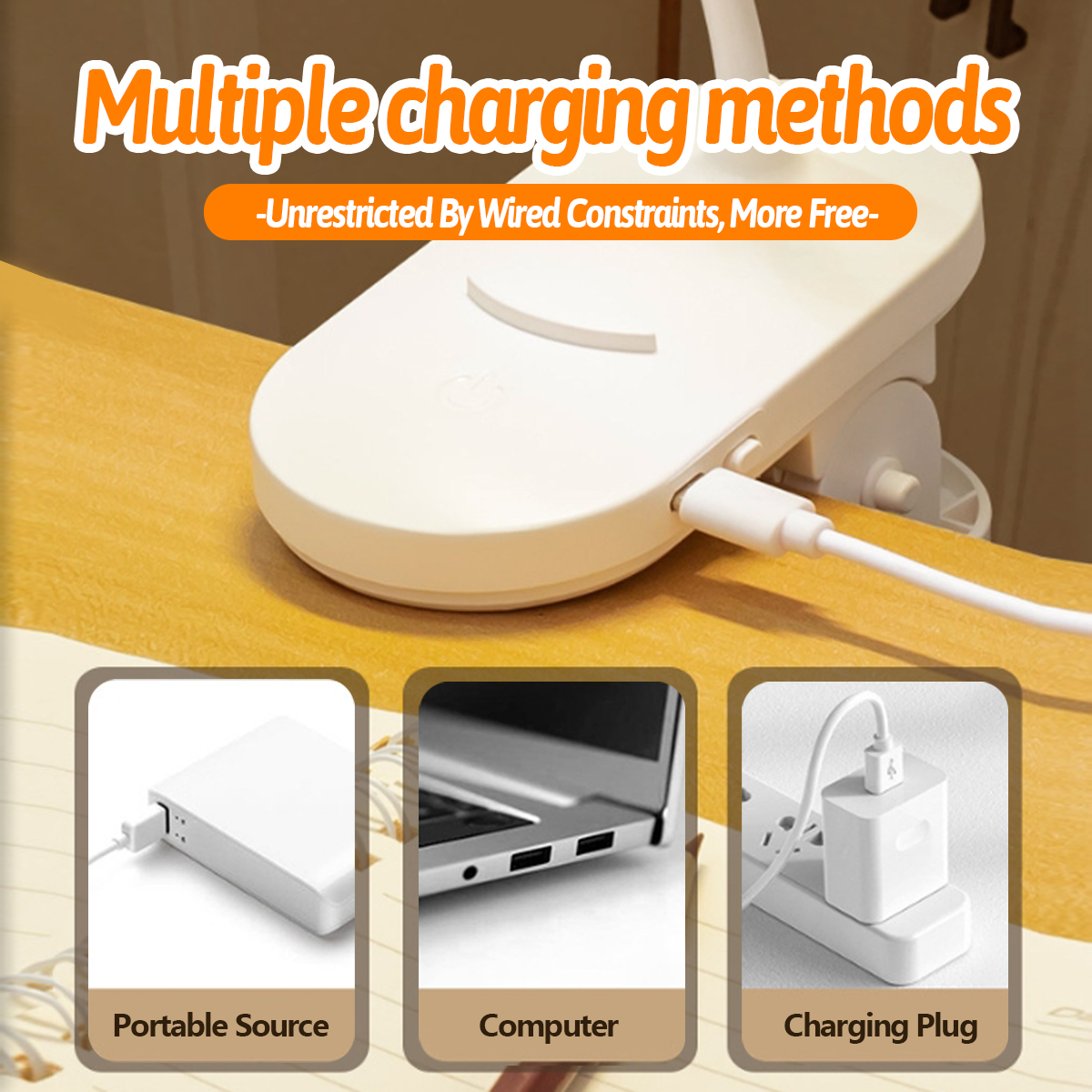 LED 3 Color Desk Lamp Rechargeable Study Light Dim Clip Table Light ...