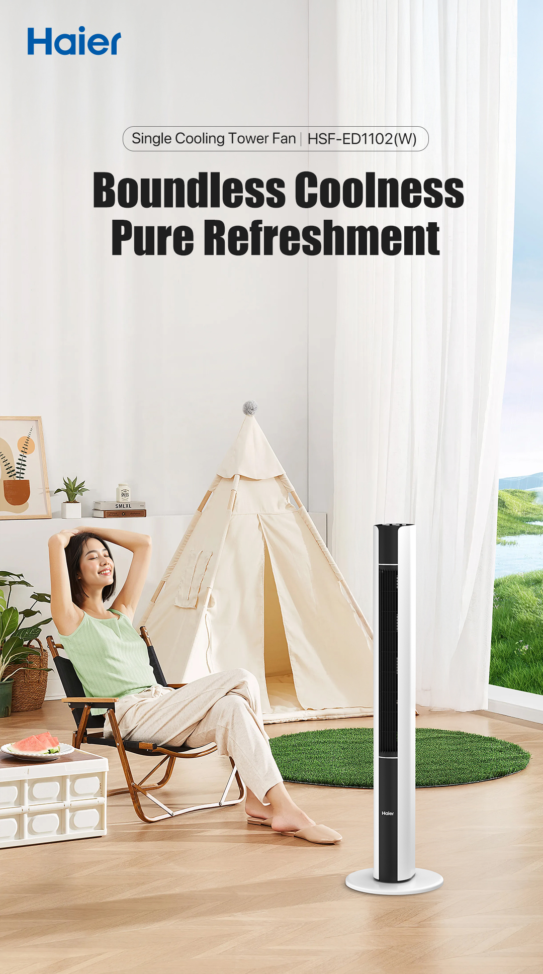 Haier Electric Tower Fan with LED Touch Control, 15H Timer, Cooling ...