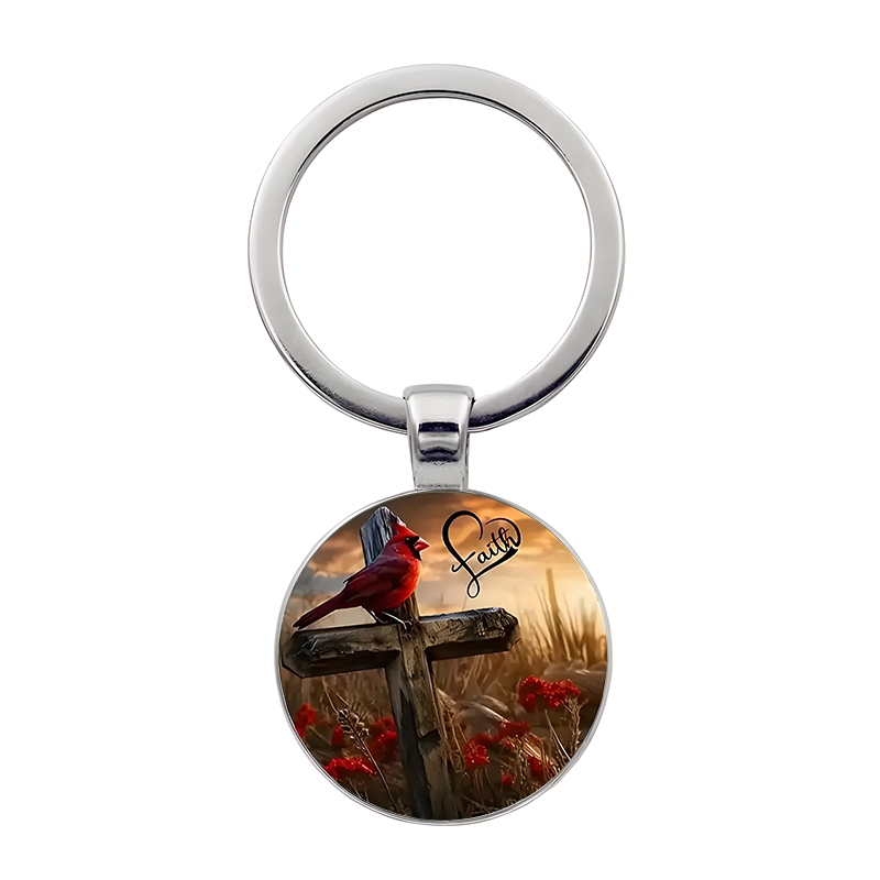 Cross Key chain God Bless Round Glass Rose Girl Keychain Metal Keyring ...