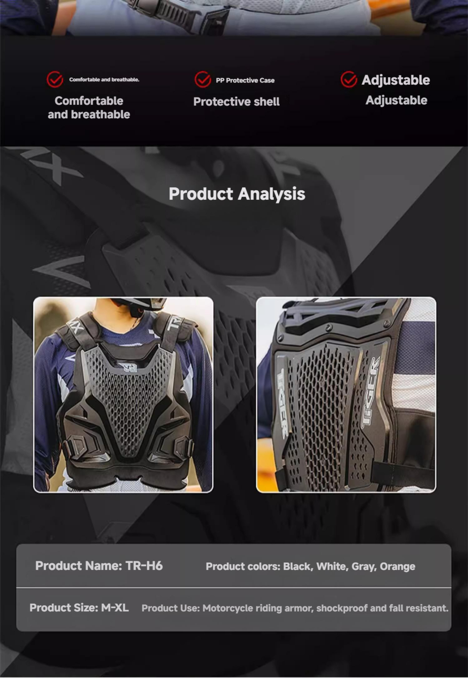 TR Tiger Adventure Body Armor for Men:Breathable Mesh Motocross Chest ...