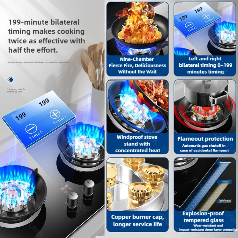 8.5KW Gas Stove Double Burner Black stainless steel panelTempered ...