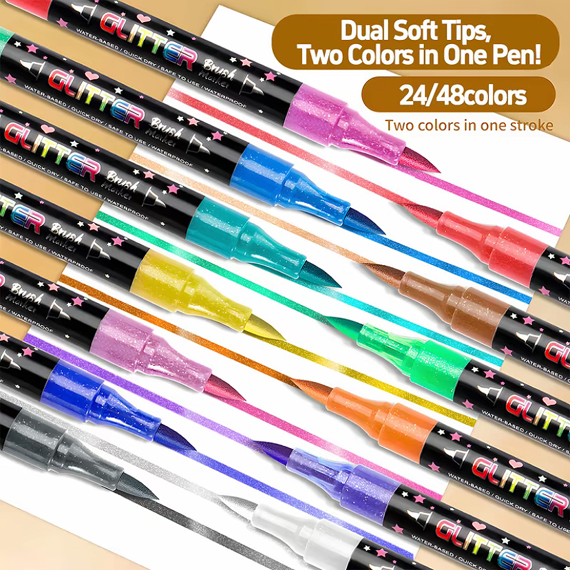 48 Colors Dual Tip Glitter Drawing Color Pen Set Markers Metallic ...
