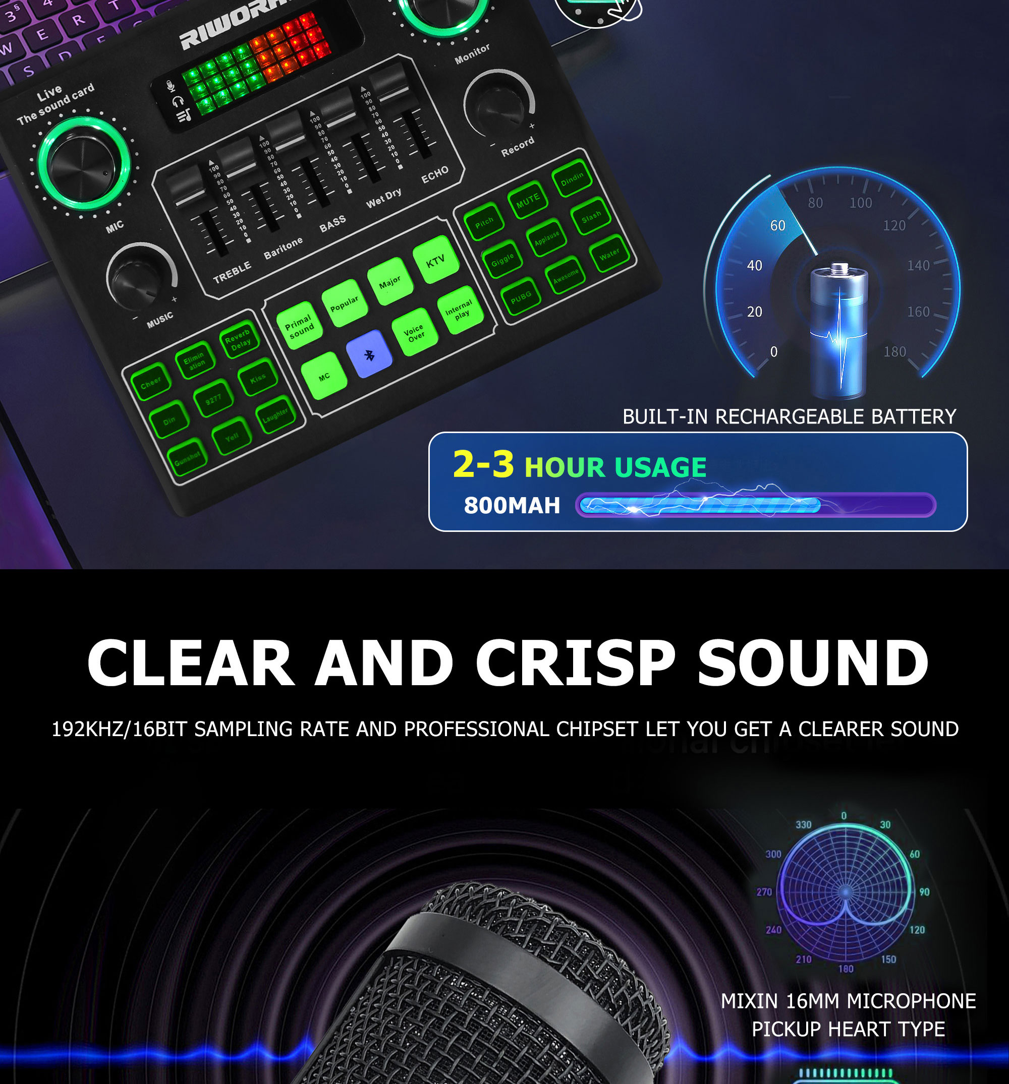 Riworal V9 Sound Card Audio Interface USB Live Broadcast Microphone ...