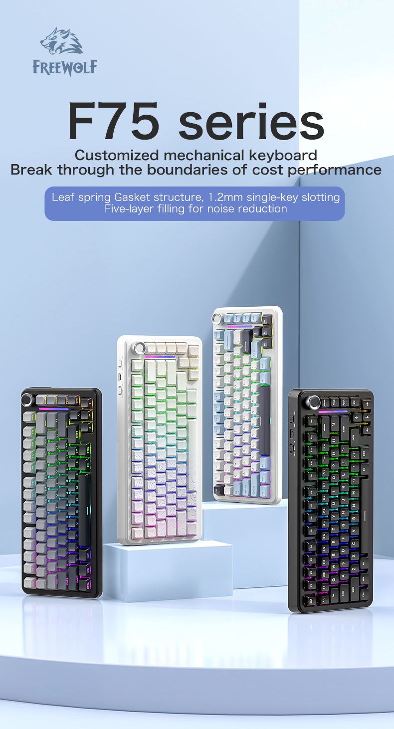 FREEWOLF F75 Mechanical Keyboard 75% 80 Key RGB Tri-Mode Wired ...