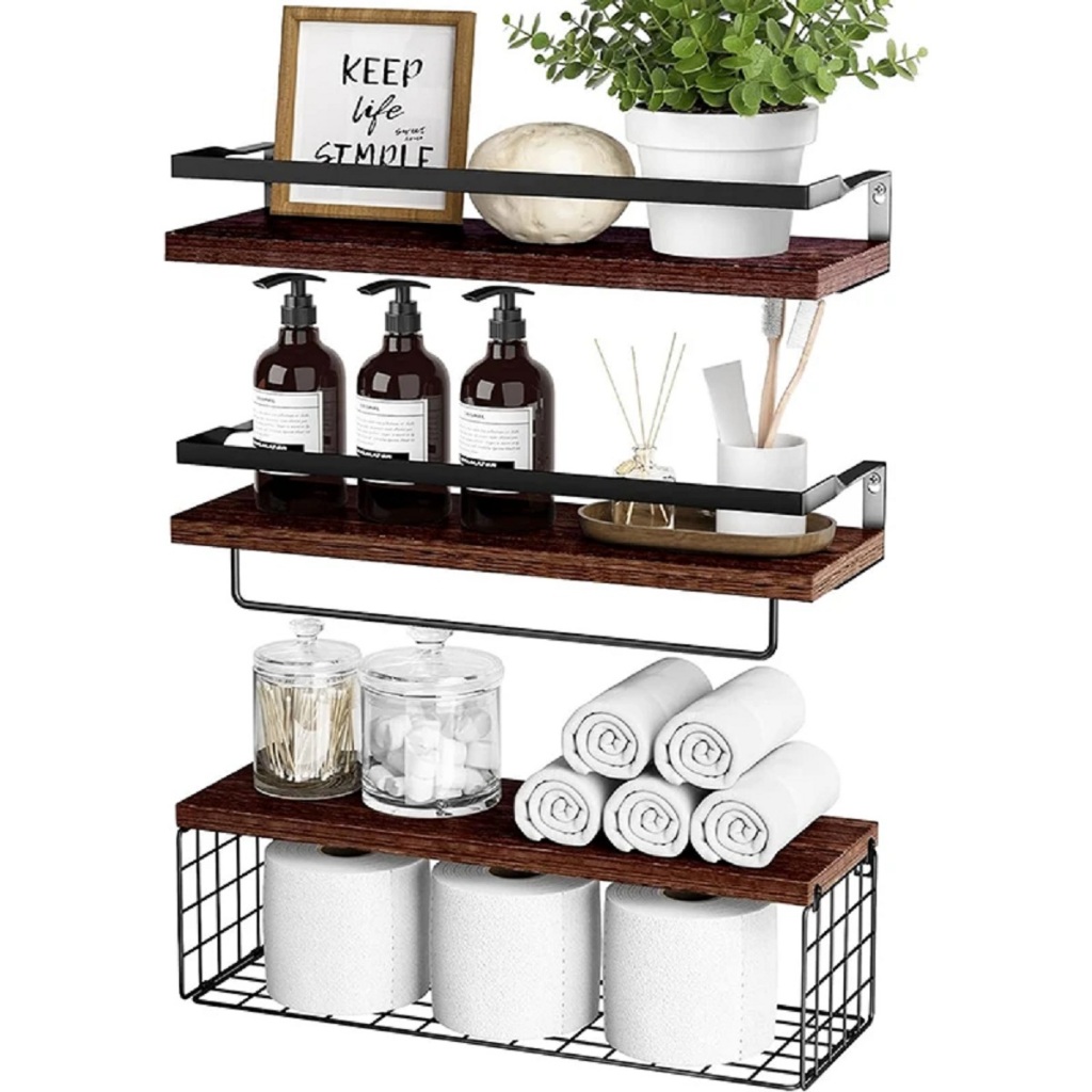 Wall Mounted Floating Shelf with Storage Basket Wooden Wall Organizer ...
