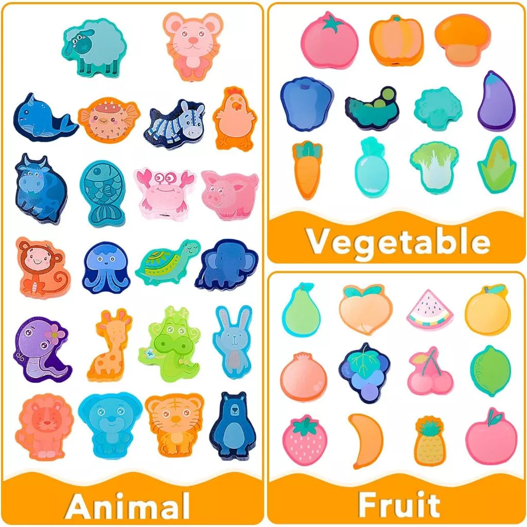 51PCS Wooden Beads Animals Threading Beads Set Preschool Learning Toys ...