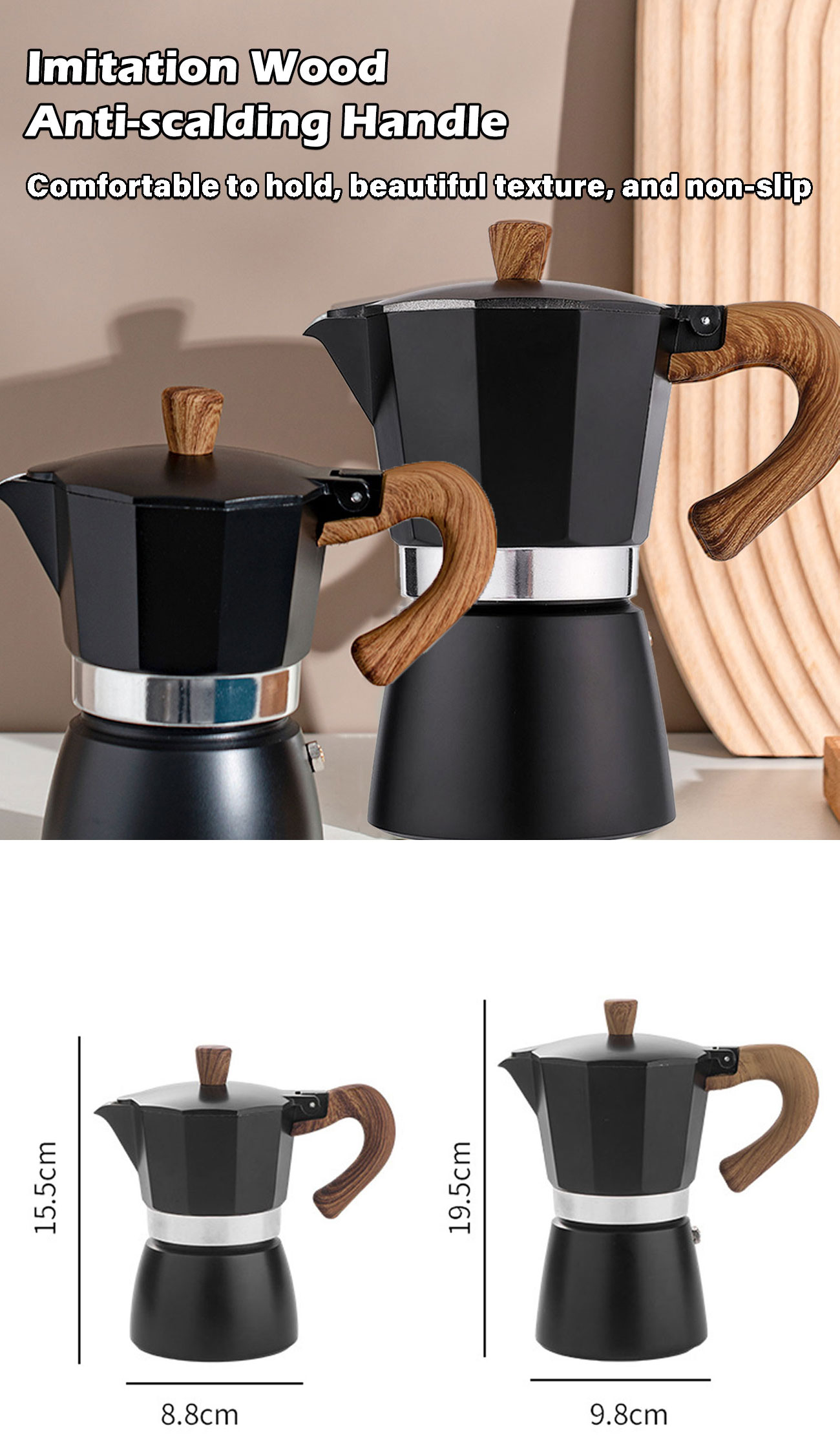 Moka Pot Coffee Maker 300ml 150ml Aluminum Mocha Pot Wooden Handle ...