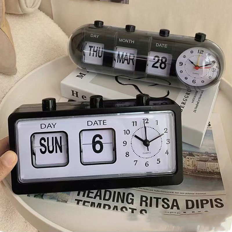 INS Style Black Manual Page Turning Calendar Alarm Clock Desktop ...