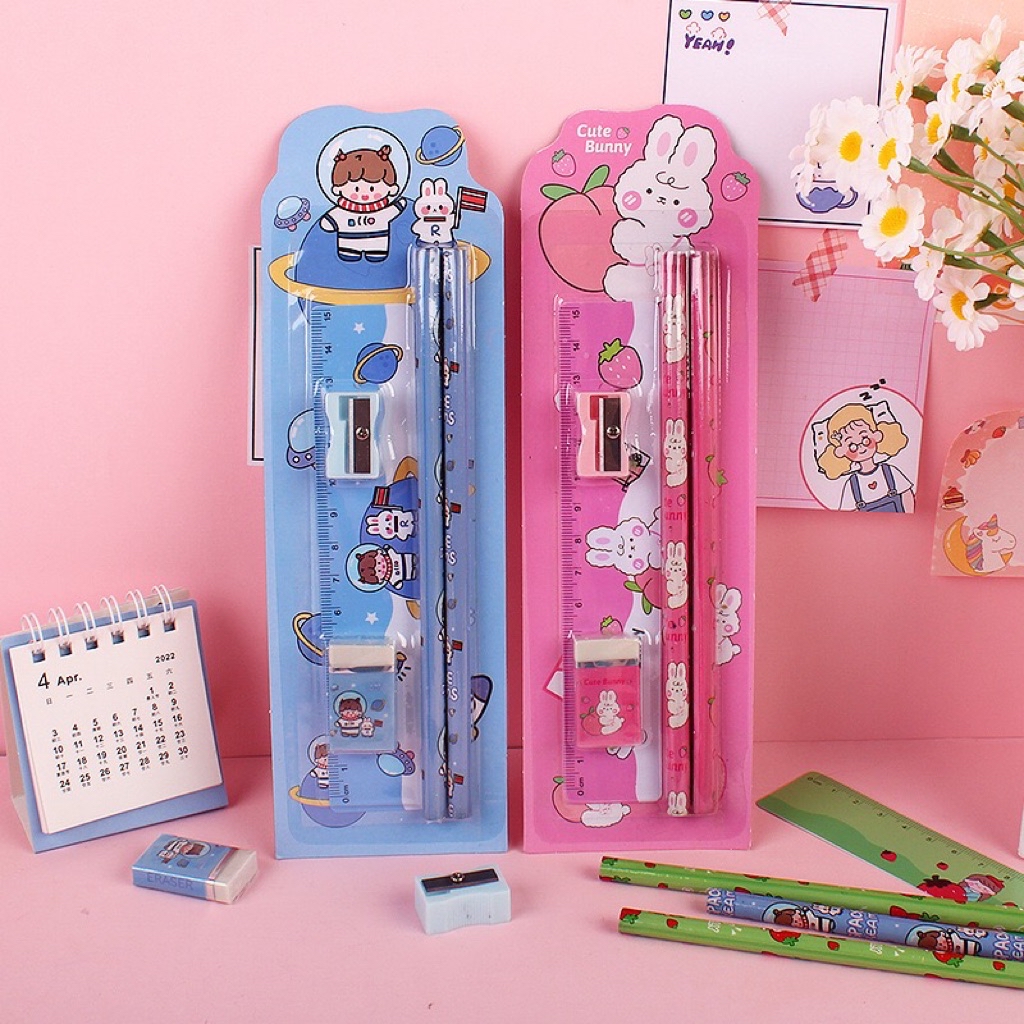 5in1 pencil ruler set Cute cartoon student stationery set ruler ...