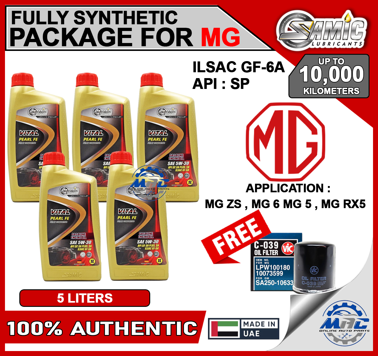 SAMIC VITAL PEARL FE 5W30 5 LITERS CHANGE OIL PACKAGE for MG ZS , MG 6 ...