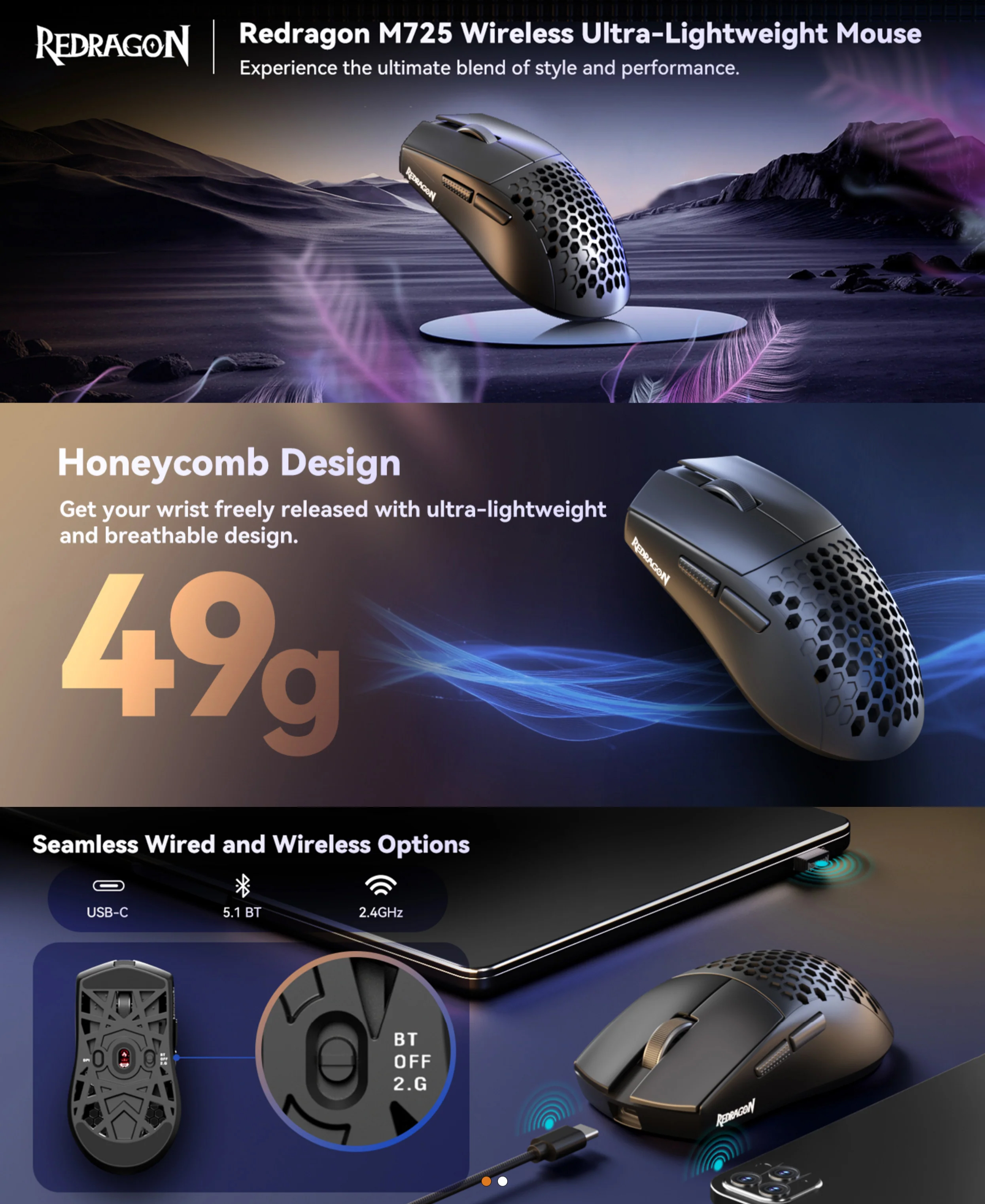 Redragon M725-LIT Astrolabe Lite Tri-Mode Honeycomb Lightweight Gaming ...
