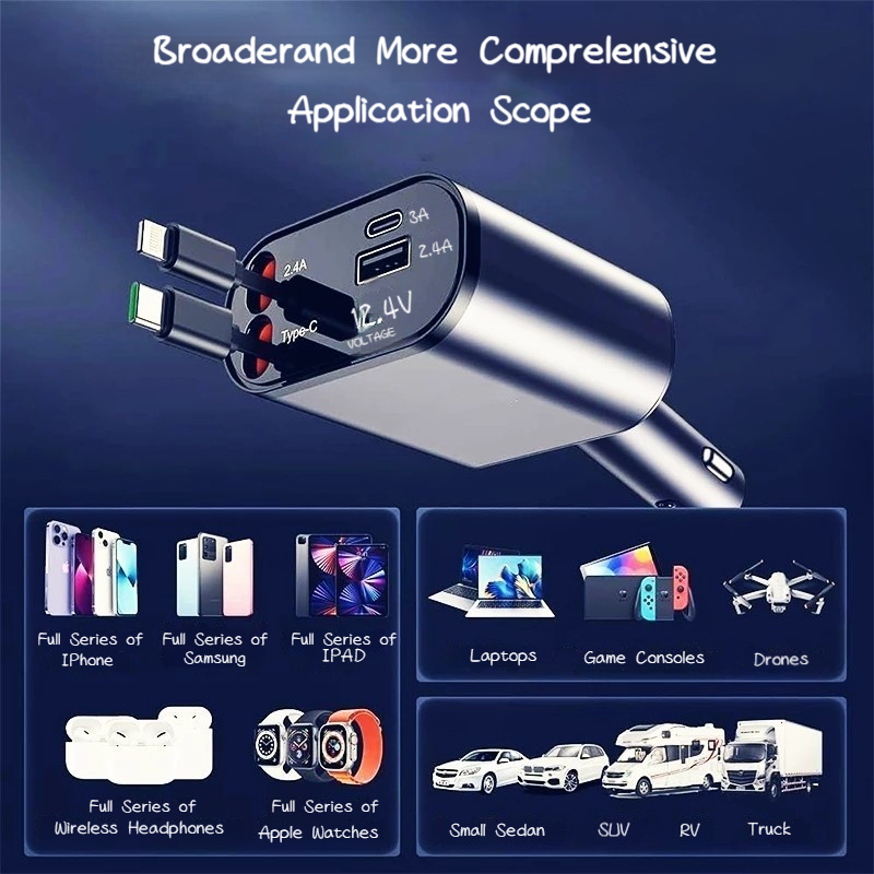 Retractable Car Charger 120W 4 IN 1 Quick Charging Digital Display ...