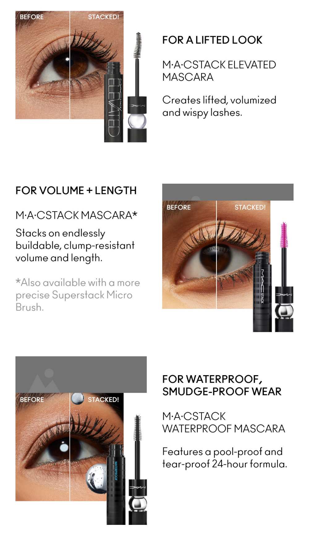 MAC MACStack Elevated Mascara / 36HR Lash Lift Curl, Buildable Volume ...