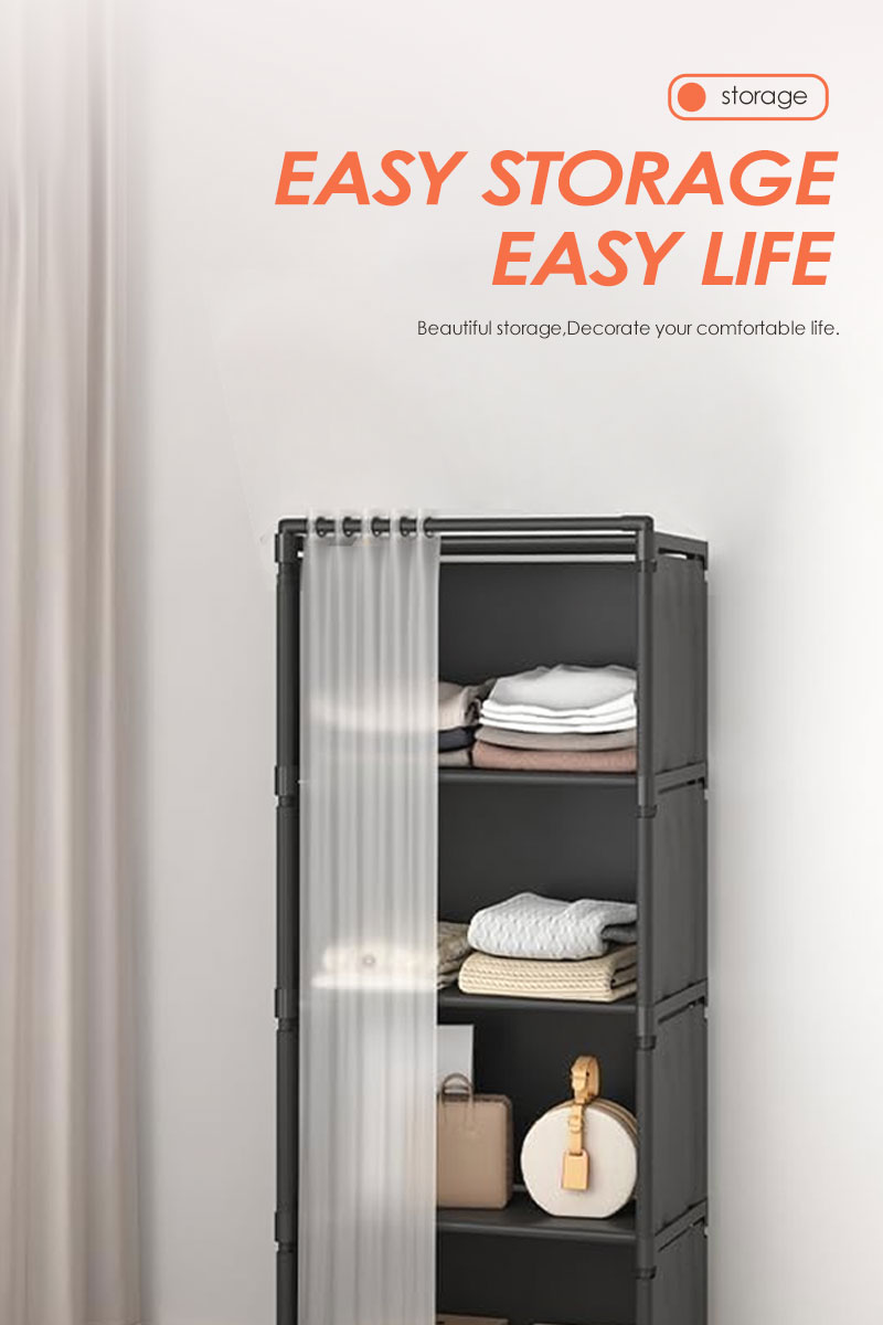 Dustproof Fabric Wardrobe with Curtain Cover Space-Saving Closet ...