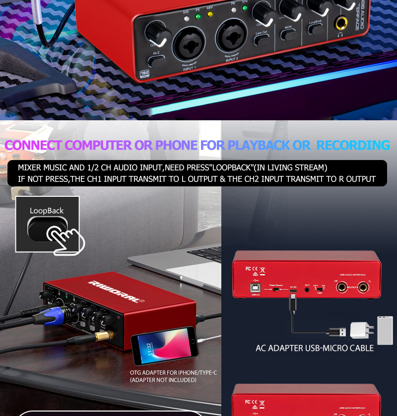 2 Channel USB Audio Interface 24-Bit/192kHz +48V Phantom Power Live ...
