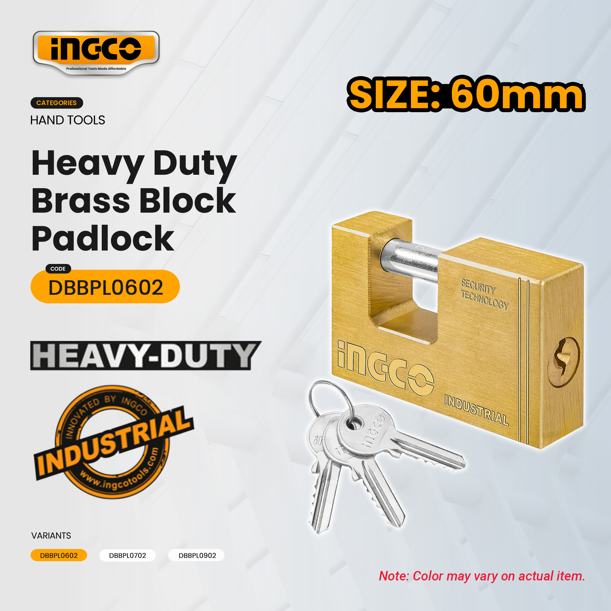 Ingco 60mm-90mm Heavy Duty Brass Block Padlock Anti-Theft High Security ...