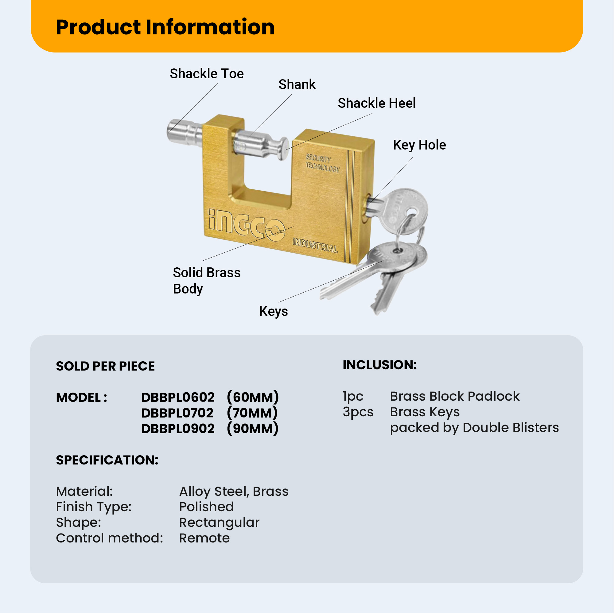 Ingco 60mm-90mm Heavy Duty Brass Block Padlock Anti-Theft High Security ...
