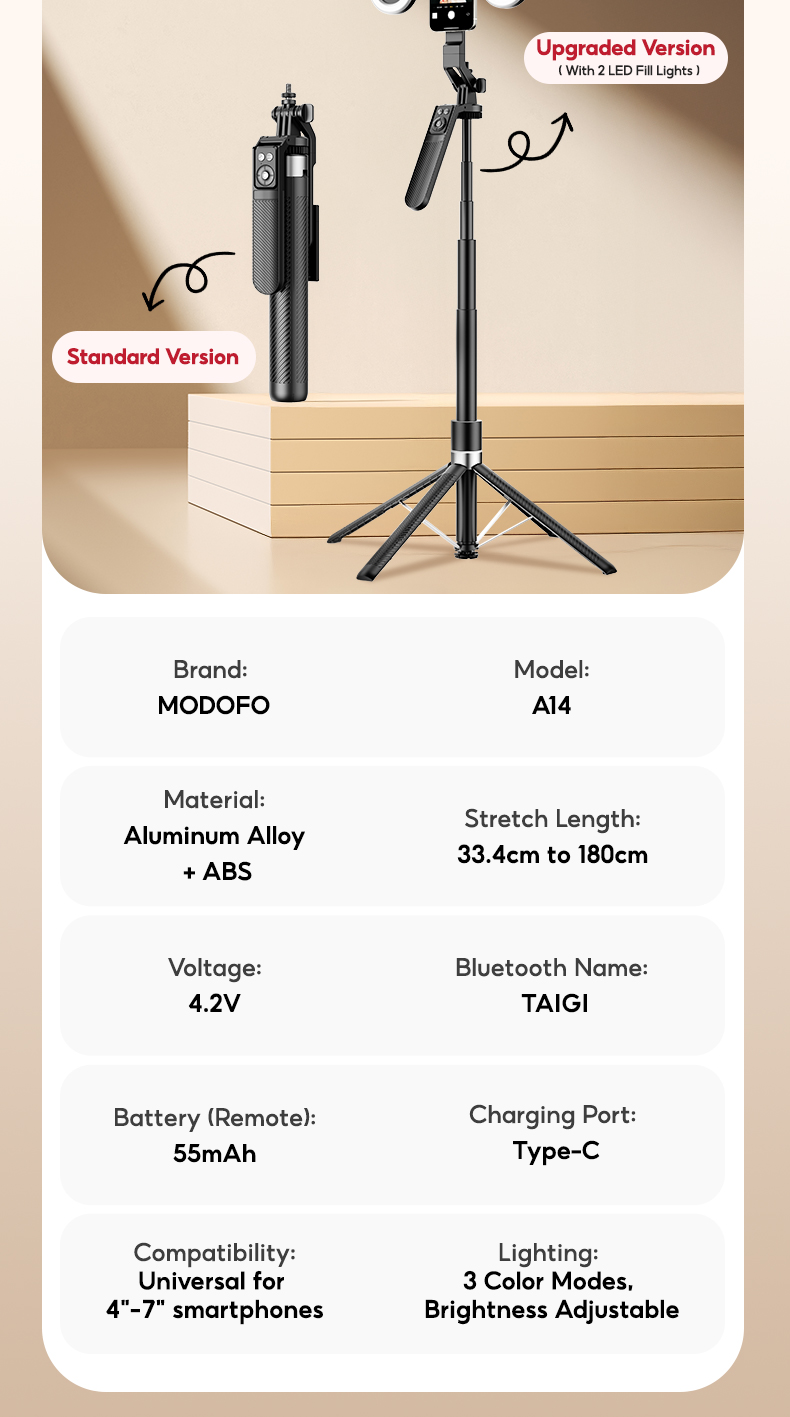 MODOFO Selfie Stick Tripod with 360° Rotation Bluetooth Control 1.8M ...