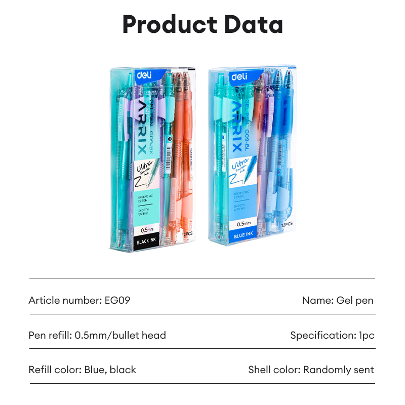 Deli 12Pcs Ballpen 0.5mm Press Gel Pen Black/Blue Ink Student Writing ...