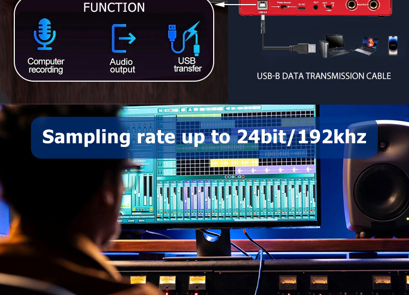 2 Channel USB Audio Interface 24-Bit/192kHz +48V Phantom Power Live ...