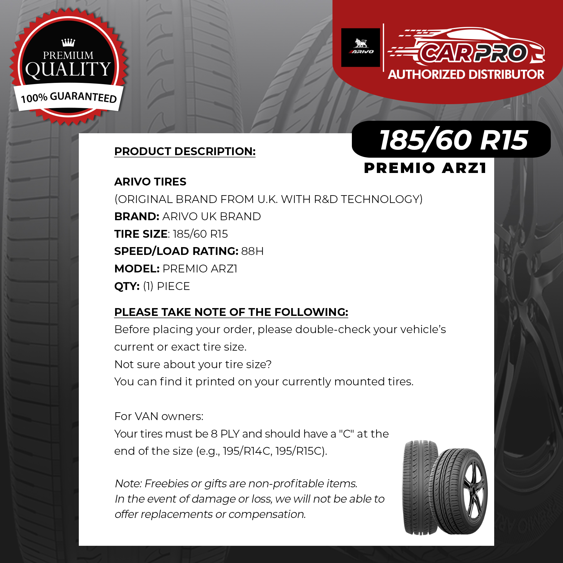 ARIVO 185/60 R15 PREMIO ARZ1(TIRES ONLY) | Shopee Philippines