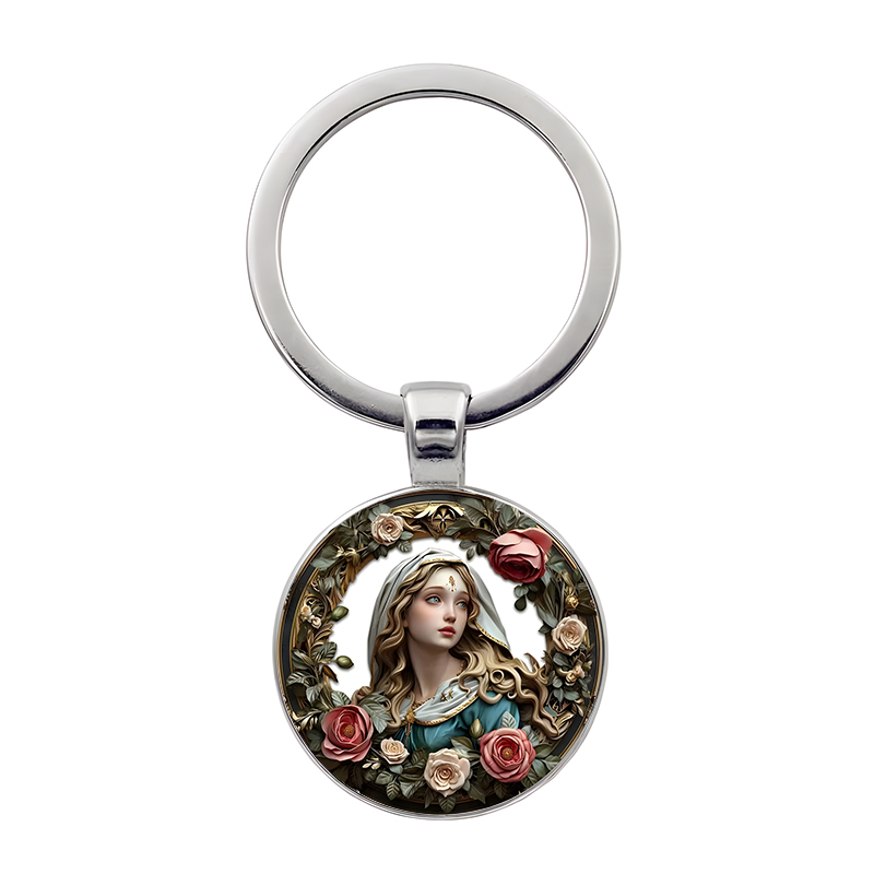 Cross Key chain God Bless Round Glass Rose Girl Keychain Metal Keyring ...