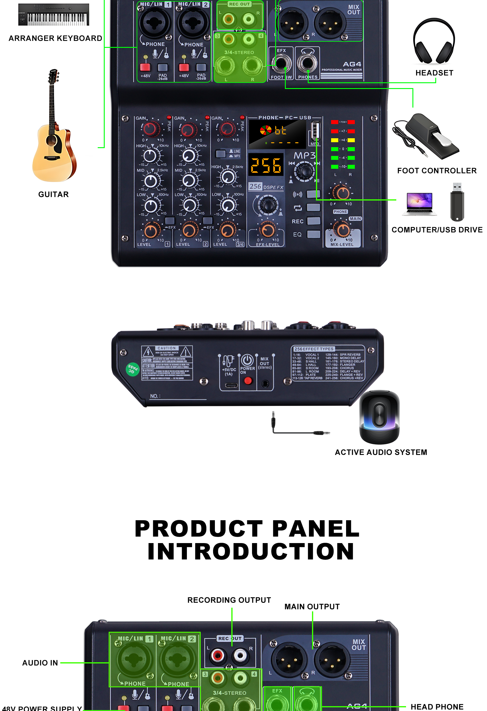 AG4 4 channel Mixer 256DSP DJ mixer USB Audio Mixer MP3 computer ...