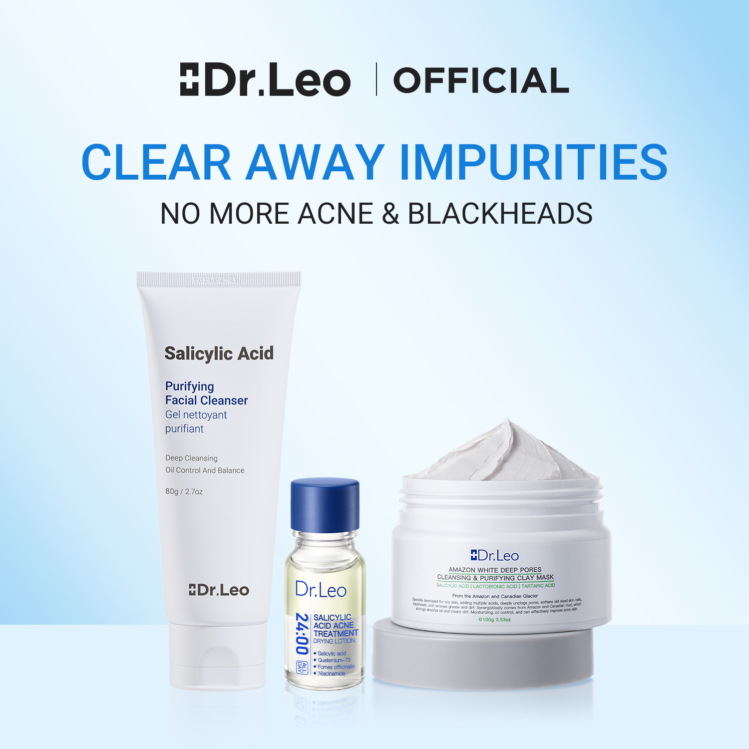 Dr.Leo ANTI-ACNE 2pcs & 3pcs Set Facial Cleanser + 3X Clay Mask + Acne ...