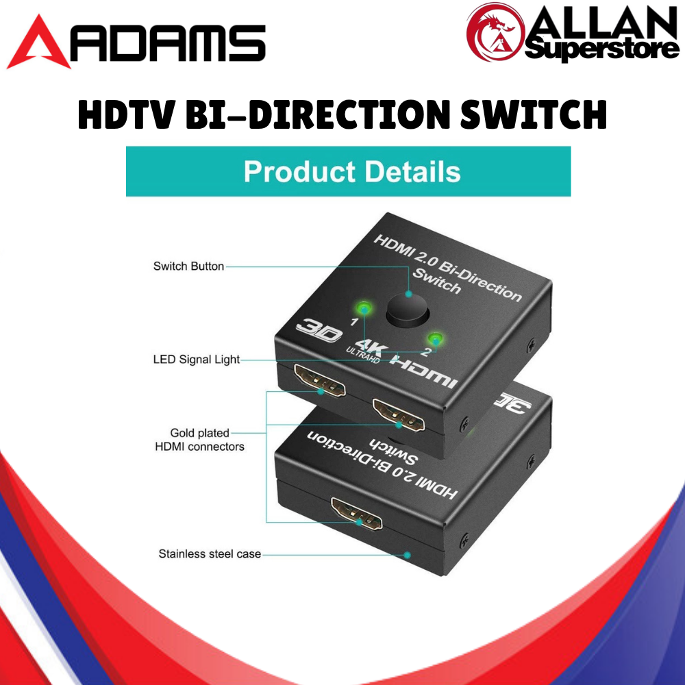 Adams 2-Port Bi-Directiona HDMI Switch 2x1 / 1x2 - Manual Switcher ...