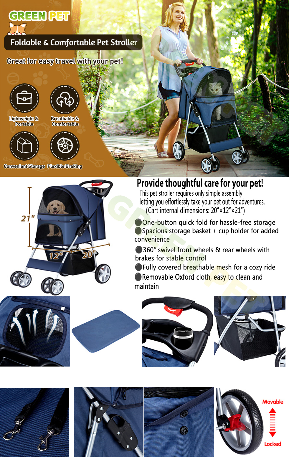 Greenpet Universal Pet Stroller 360° Rotation Detachable Carrier Load ...
