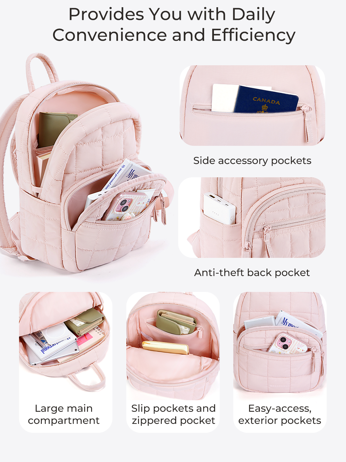 BAGSMART Small Backpack Puffer Cute School Bag Waterproof Casual ...