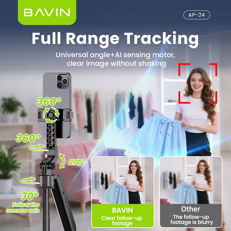 BAVIN P24 AI Tripod 360° Face/Object Tracking w/ BT Remote, Adjustable ...