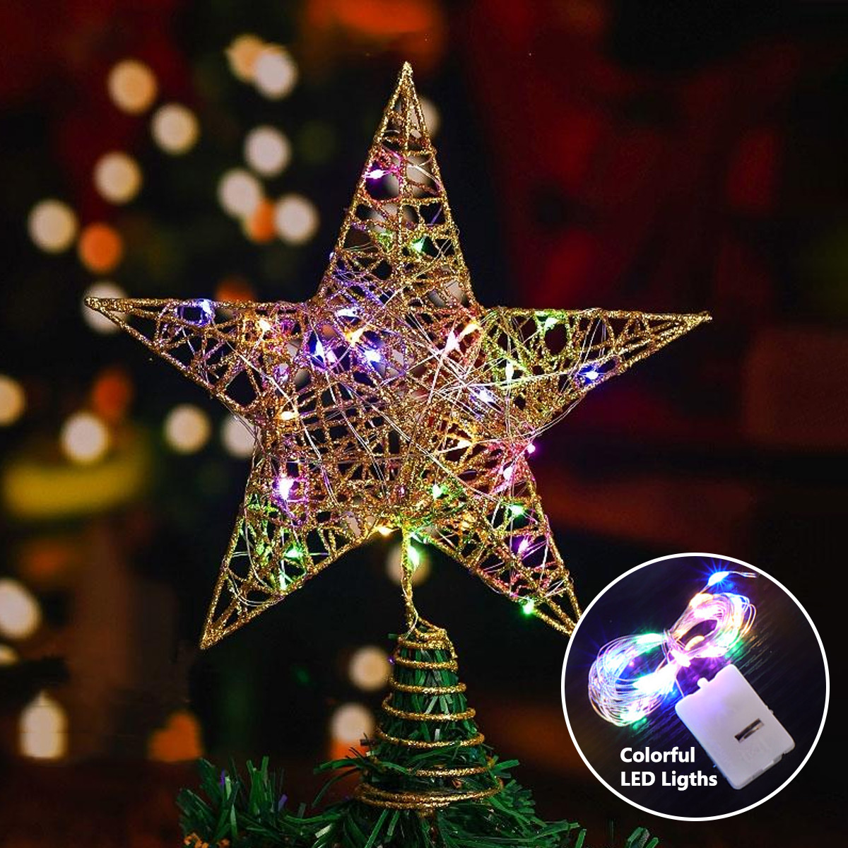7.9in Christmas Tree Toppers Xmas Glitter Gold Star with Led Light ...