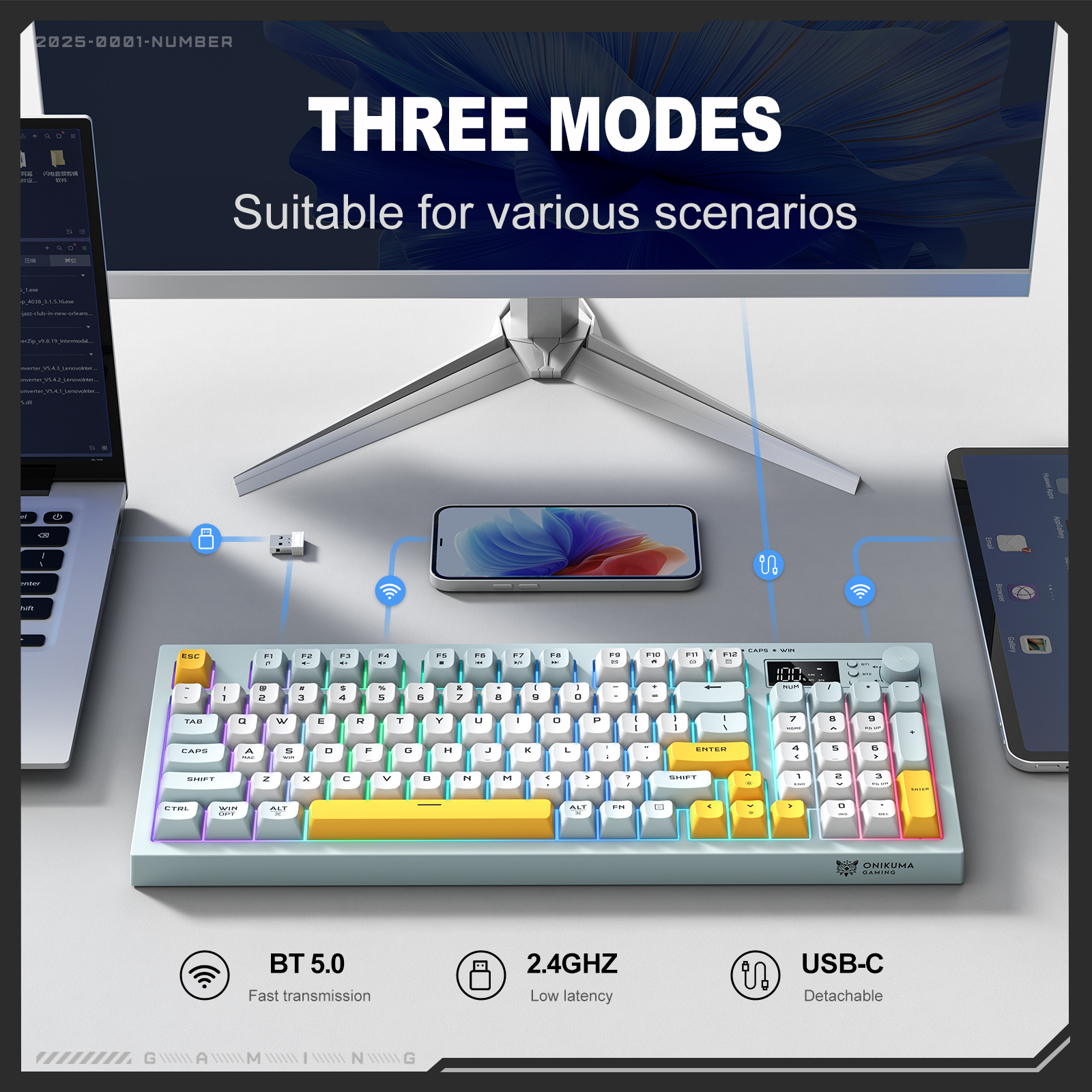 ONIKUMA G80 Membrane Gaming Keyboard RGB 2.4G Bluetooth 94Keys Tri-Mode ...