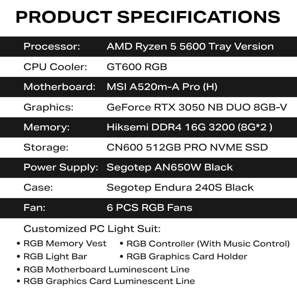 AMD Ryzen 5 5600 Full Gaming PC GeForce RTX 3050 8G GPU MSI A520m-A Pro ...