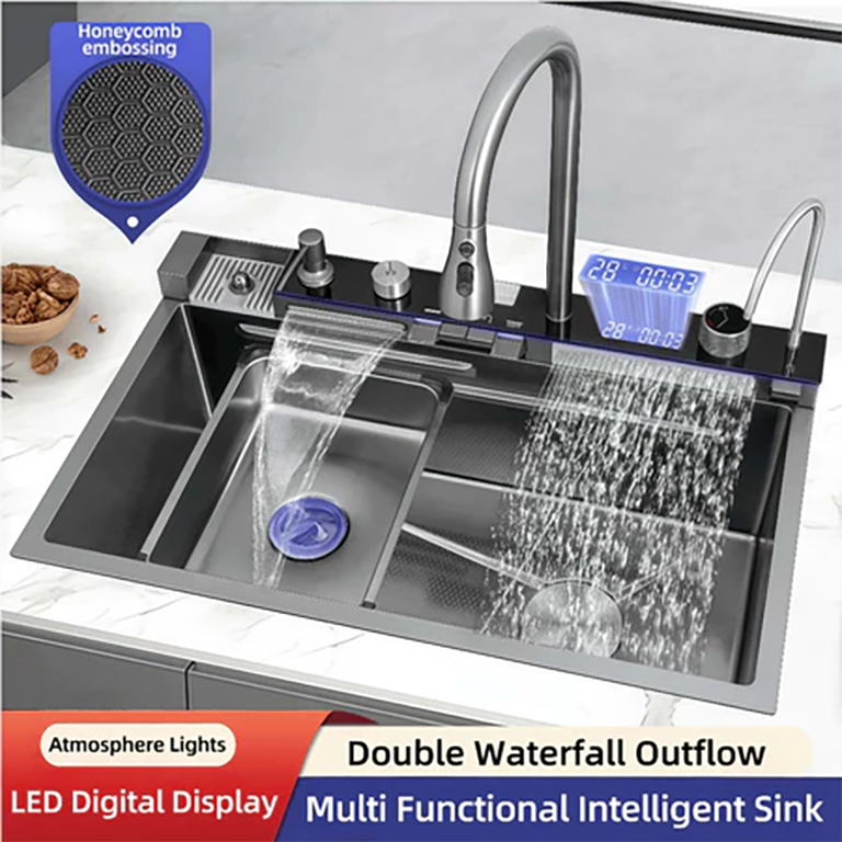 Kitchen sink stainless steel sink digital display sink with waterfall ...